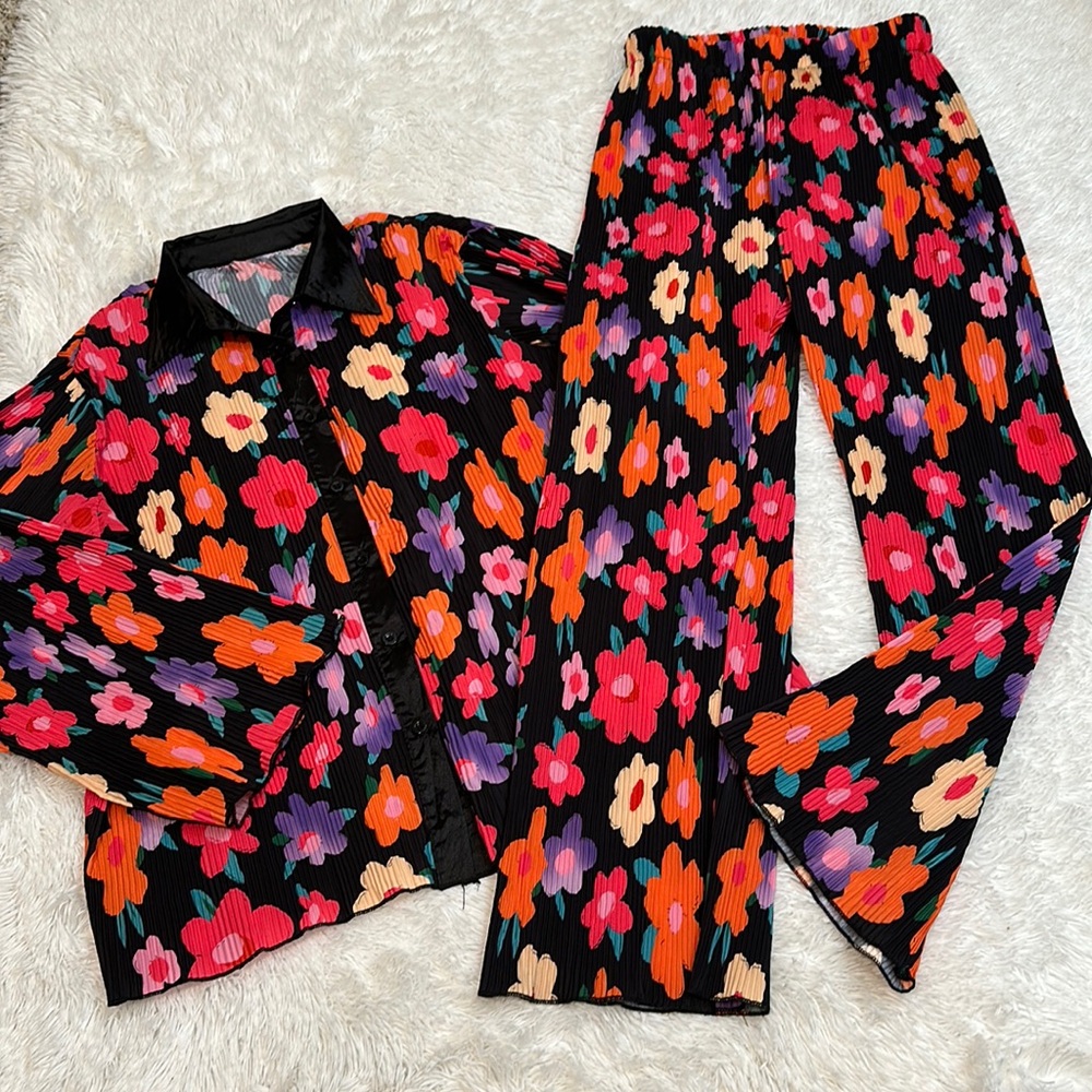 Women’s Black Floral Wide-Leg Pants & Jacket Set - Multicolor Floral